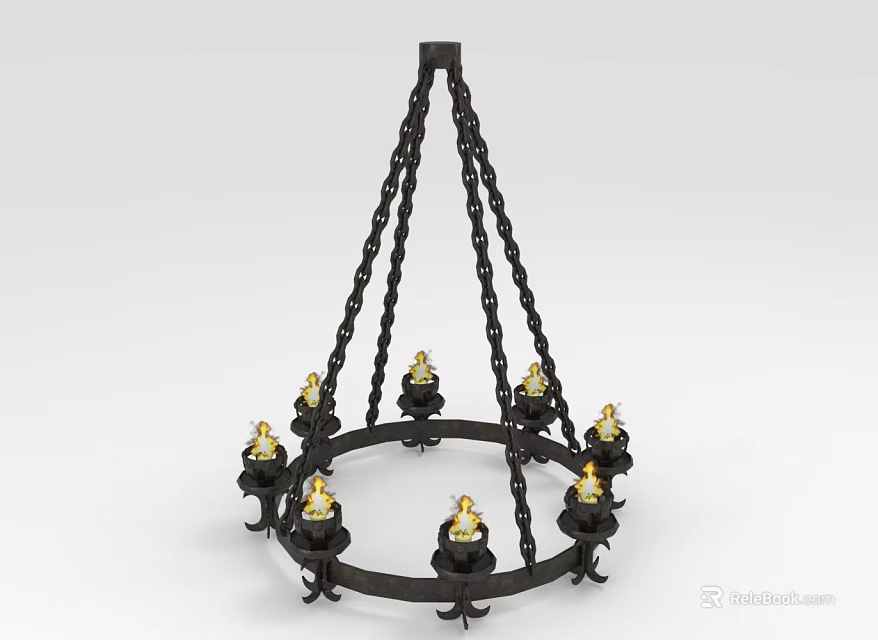 Elegant Black Metal Chandelier with Chain Suspension and Gold Candle Holders 3d model 