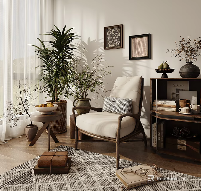 Comfortable Beige Leisure Chair with Wooden Frame and Green Plants in Cozy Living Room 3d model 