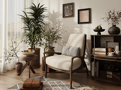 Comfortable Beige Leisure Chair with Wooden Frame and Green Plants in Cozy Living Room 3d model