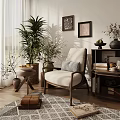Comfortable Beige Leisure Chair with Wooden Frame and Green Plants in Cozy Living Room