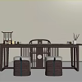 Chinese Style Solid Wood Tea Table and Chairs with Tea Set and Cushioned Stools 3d model