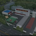 Fire Station Main Building With Red Fire Trucks Training Track Drill Ground And Surrounding Trees