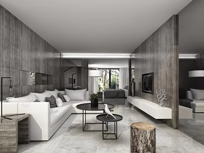 Modern Living Room Interior With Wooden Walls White Sofa Coffee Tables TV And Sunlight 3d model