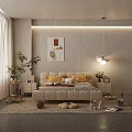 Modern Double Bed with Yellow Pillows and Orange Blanket in Light Bedroom Curtains Plant Decor