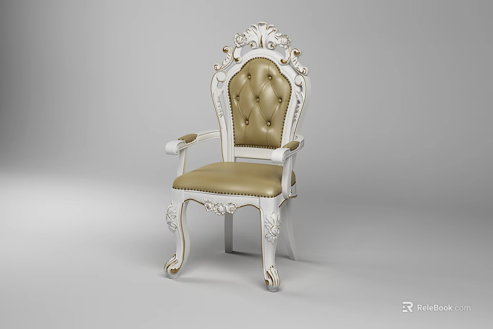 Elegant White Carved Leisure Chair With Gold Upholstered Cushion Armrests And Carved Legs 3d model 