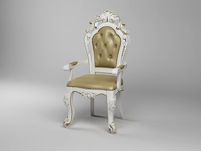 Elegant White Carved Leisure Chair With Gold Upholstered Cushion Armrests And Carved Legs 3d model