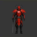 Red Fantasy Warrior Armor With Flame Design Horned Helmet And Sword