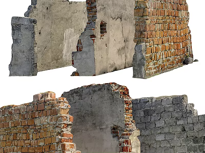 Vintage Building Exterior Wall With Red Brick Gray Stone And Aged Texture 3d model