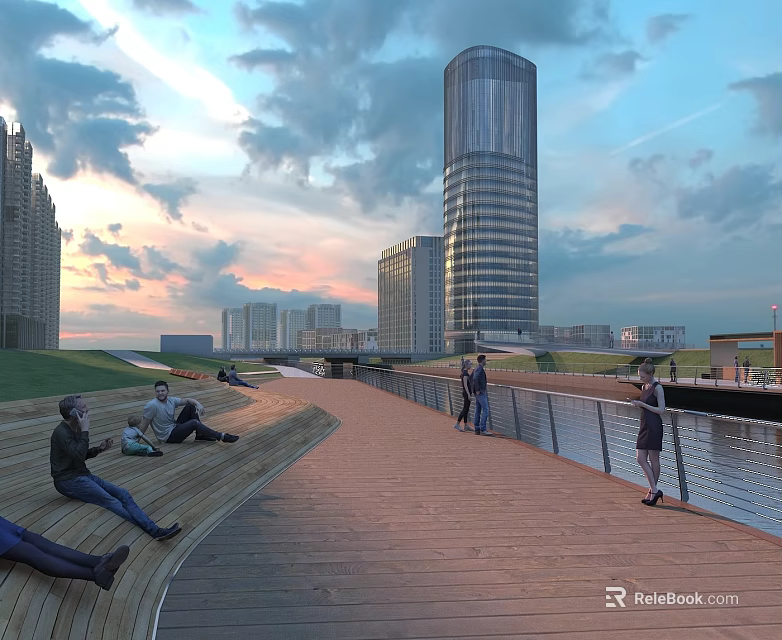 Urban Riverside Walkway With Modern Skyscrapers People Relaxing And Sunset Sky 3d model 