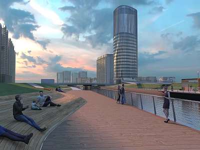 Urban Riverside Walkway With Modern Skyscrapers People Relaxing And Sunset Sky 3d model