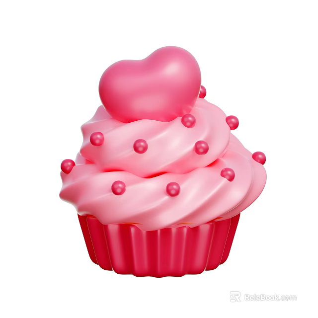 Delicious Pink Cupcake With Heart Topper Pink Frosting And Sprinkles In Red Liner 3d model 