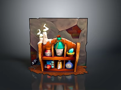 Whimsical Magic Themed Scene Decoration With Wooden Shelf Bottles Jars Brick Wall And Ghost Decorations 3d model