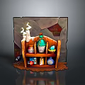 Whimsical Magic Themed Scene Decoration With Wooden Shelf Bottles Jars Brick Wall And Ghost Decorations