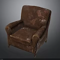 Vintage Brown Leather Armchair With Worn Peeling Surface And Classic Design