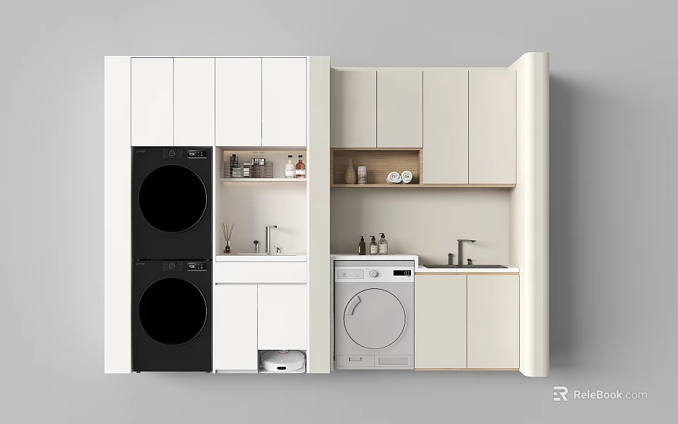 Home Balcony Laundry Space With Washing Machine Dryer Cabinets And Sink 3d model 