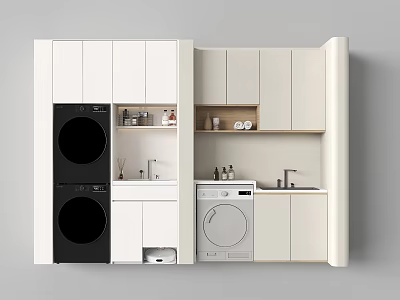 Home Balcony Laundry Space With Washing Machine Dryer Cabinets And Sink 3d model