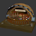 Cartoon Scene With Orange And Blue Dome Structure Welcome Sign Bottles Jars Shelves Wooden Railings