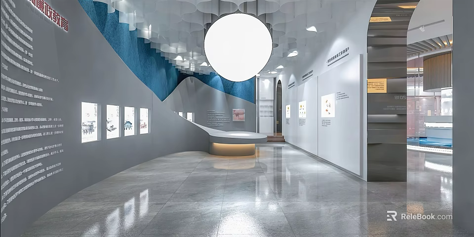Modern Exhibition Hall Interior With Display Walls Exhibits And Circular Pendant Light 3d model 