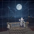 Elven Woman In Dark Dress Standing On Balcony With Wine Glass And Full Moon