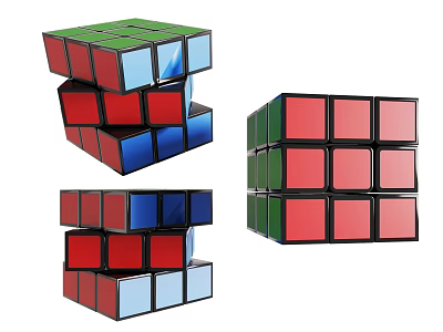 Colorful Rubik's Cubes in Stacked and Complete Forms with Red Blue Green and Black Frames 3d model