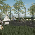 Outdoor Garden Landscape With White Tents String Lights Trees Campfire And Mountain Backdrop