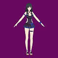 Green Haired Woman in Stylish Black and Blue Outfit Against Purple Background