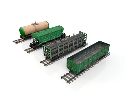 Various Green Train Cars Including Tank And Open Top Models On Rail Tracks 3d model