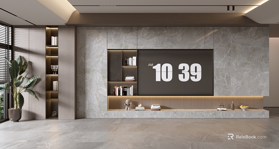Modern TV Background Wall Design With Marble Finish Storage Shelves And Decorations 3d model 
