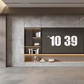 Modern TV Background Wall Design With Marble Finish Storage Shelves And Decorations