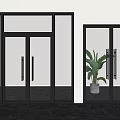 Glass Double Doors In Modern Interior With Black Frame And Potted Plant On Marble Floor