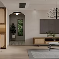 Modern Dining Living Room Interior With Wooden Rattan Decor Round Table And Green Plant