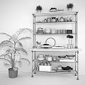 Stylish Shelving Unit With White Bowls Teapots Green Plant And Brick Wall Background