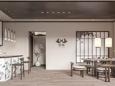 Elegant Modern Club Interior With Bar Counter Wooden Tables Pendant Lights And Decorative Plants 3d model