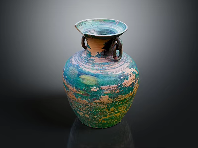 Handcrafted Ceramic Vase With Blue Green Brown Distressed Texture And Two Handles 3d model