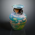 Handcrafted Ceramic Vase With Blue Green Brown Distressed Texture And Two Handles 3d model