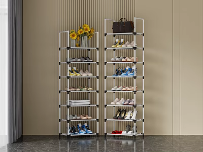 Modern Multilayer Metal Shoe Rack With Organized Shoes Storage And Decorative Flowers 3d model