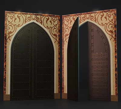 Vintage Ornate Double Doors With Arched Top And Intricate Carved Frames 3d model
