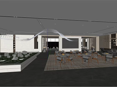 Modern Sales Office Interior Design With Tables Chairs Large Windows And Ceiling Decorations 3d model