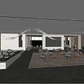 Modern Sales Office Interior Design With Tables Chairs Large Windows And Ceiling Decorations