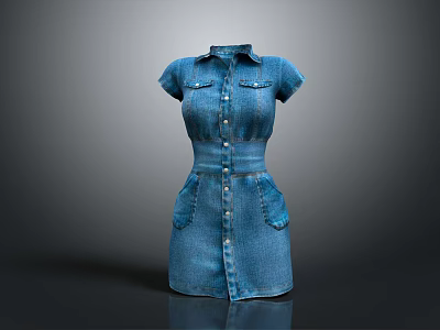 Stylish Short Sleeved Denim Dress With Front Button Closure And Fitted Waist 3d model