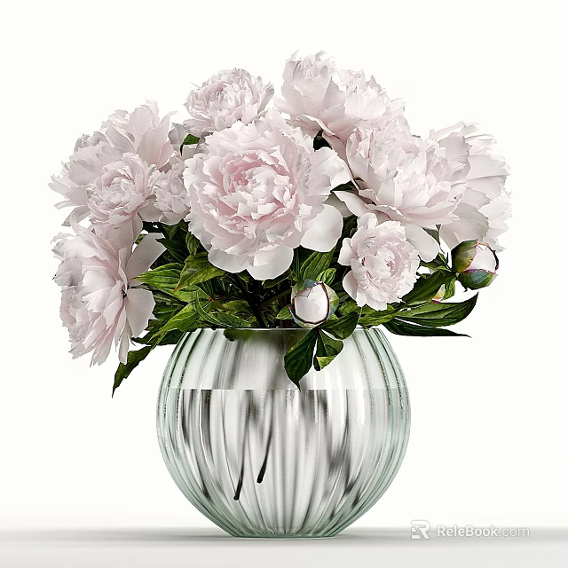 Decorative Ornament Set Featuring Pink Peonies In Transparent Glass Vase With Green Leaves 3d model 