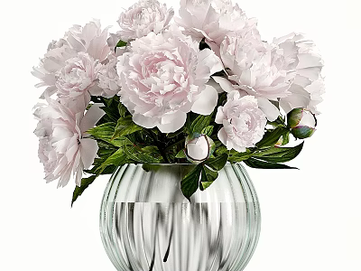 Decorative Ornament Set Featuring Pink Peonies In Transparent Glass Vase With Green Leaves 3d model