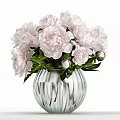 Decorative Ornament Set Featuring Pink Peonies In Transparent Glass Vase With Green Leaves
