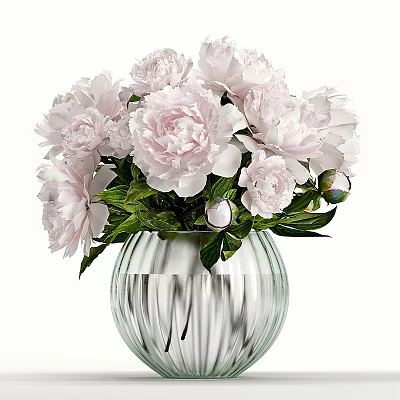 Decorative Ornament Set Featuring Pink Peonies In Transparent Glass Vase With Green Leaves 3d model