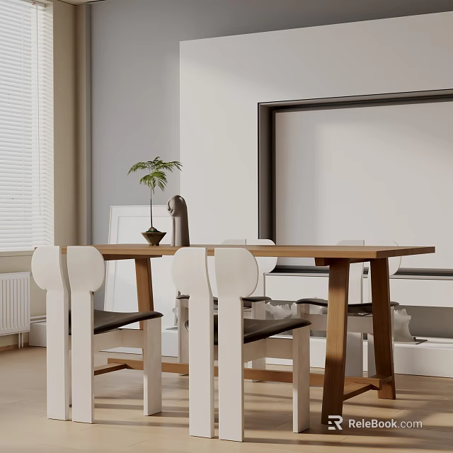 Modern Wooden Dining Table Set With White Black Chairs Green Plant And Window Blinds 3d model 