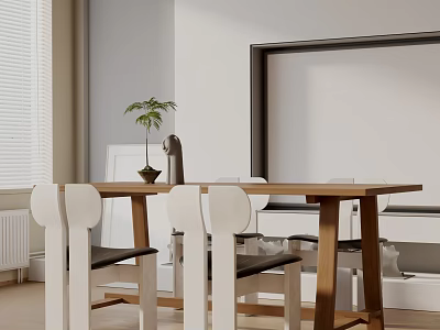 Modern Wooden Dining Table Set With White Black Chairs Green Plant And Window Blinds 3d model