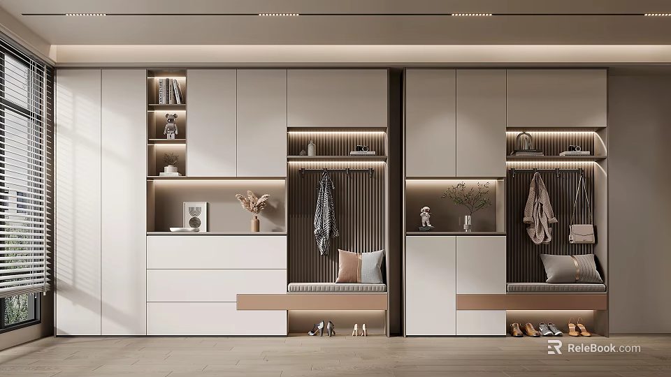 Modern White Minimalist Shoe Cabinet With Hanging Clothing Area Drawers Display Shelves And Green Plants 3d model 