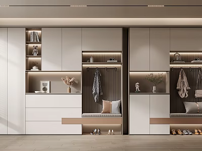 Modern White Minimalist Shoe Cabinet With Hanging Clothing Area Drawers Display Shelves And Green Plants 3d model