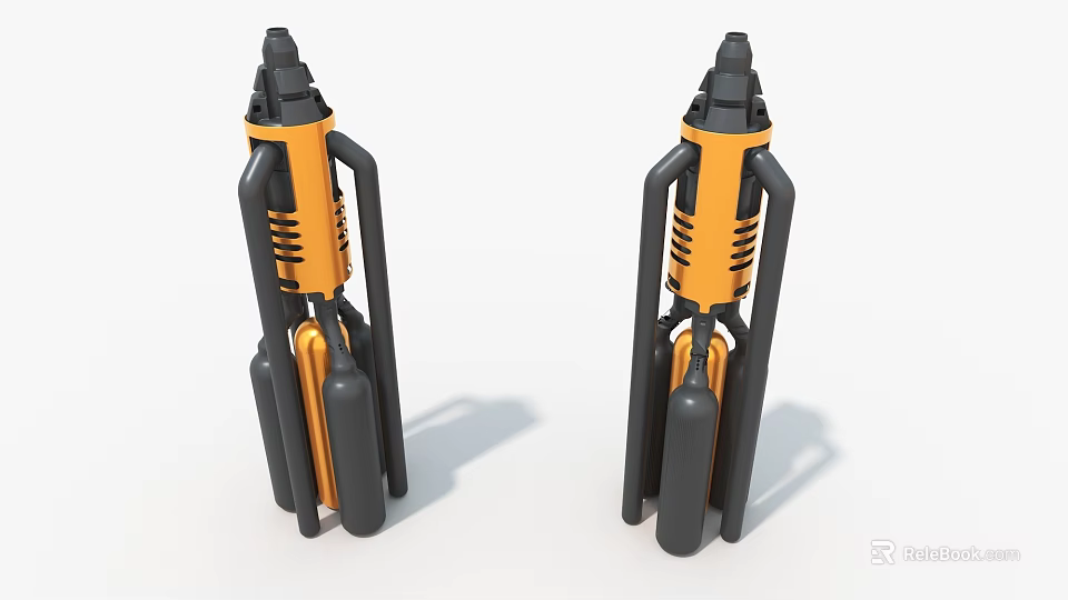 Two Symmetrical Black and Orange Art Installation With Mechanical Cylindrical Structures and Futuristic Design 3d model 