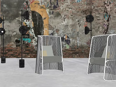 Modern Woven Single Seater Sofa With Gray Cushion Against Graffiti Brick Wall And Black Lamps 3d model